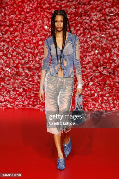 Model walks the runway at the Diesel fashion show during the Milan Fashion Week Womenswear Fall/Winter 2023/2024 on February 22, 2023 in Milan, Italy.