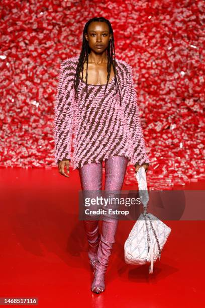 Model walks the runway at the Diesel fashion show during the Milan Fashion Week Womenswear Fall/Winter 2023/2024 on February 22, 2023 in Milan, Italy.