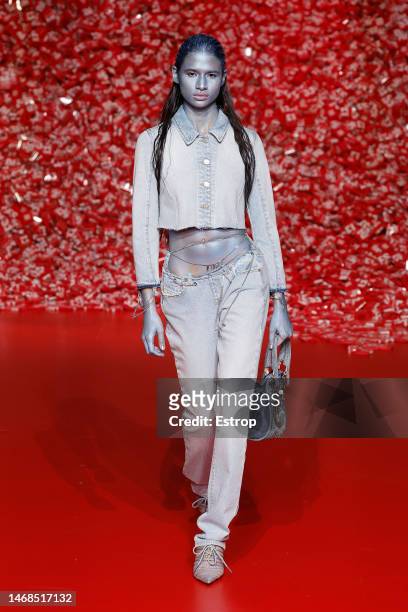 Model walks the runway at the Diesel fashion show during the Milan Fashion Week Womenswear Fall/Winter 2023/2024 on February 22, 2023 in Milan, Italy.