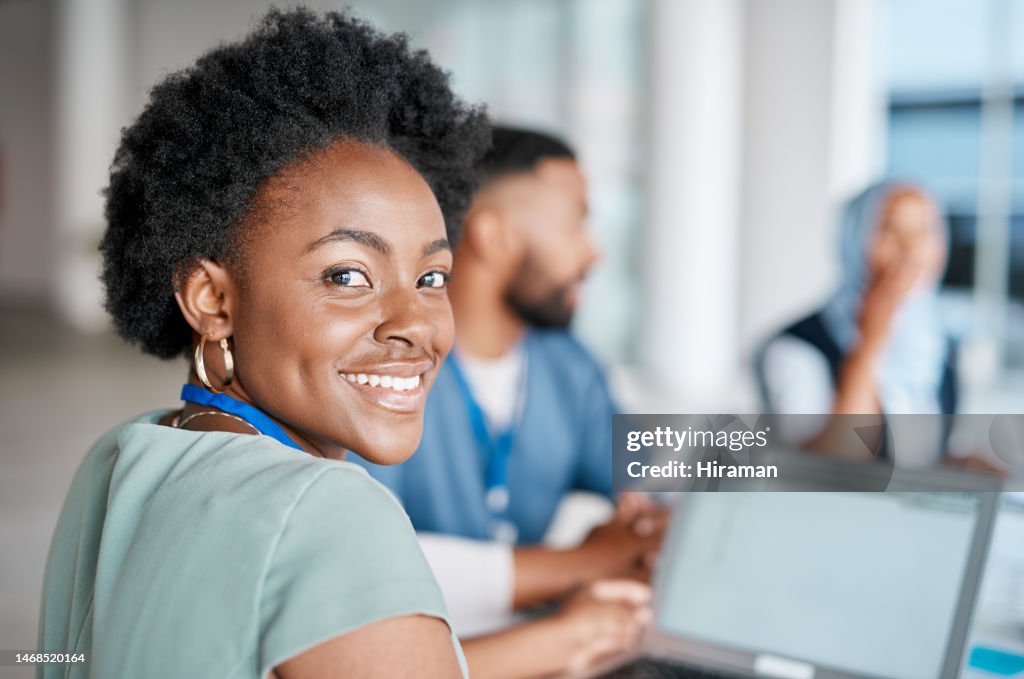 Black woman, portrait or doctor in meeting planning a surgery strategy or speaking of medical results in hospital. Teamwork, smile or happy healthcare workers consulting, talking or working on ideas