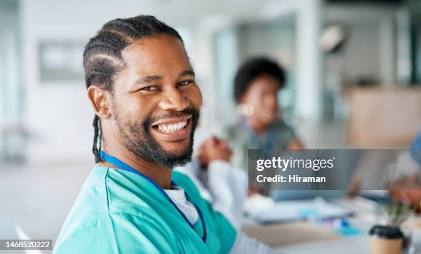 black man, portrait or surgeon in meeting planning a surgery strategy or speaking of medical results in hospital. teamwork, face or happy healthcare doctor consulting, talking or working on ideas - healthcare equality stock pictures, royalty-free photos & images