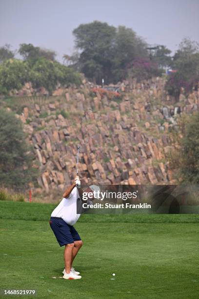 Thomas Bjorn of Denmark plays a shot in the pro-am prior to the Hero Indian Open at Dlf Golf and Country Club on February 21, 2023 in India.