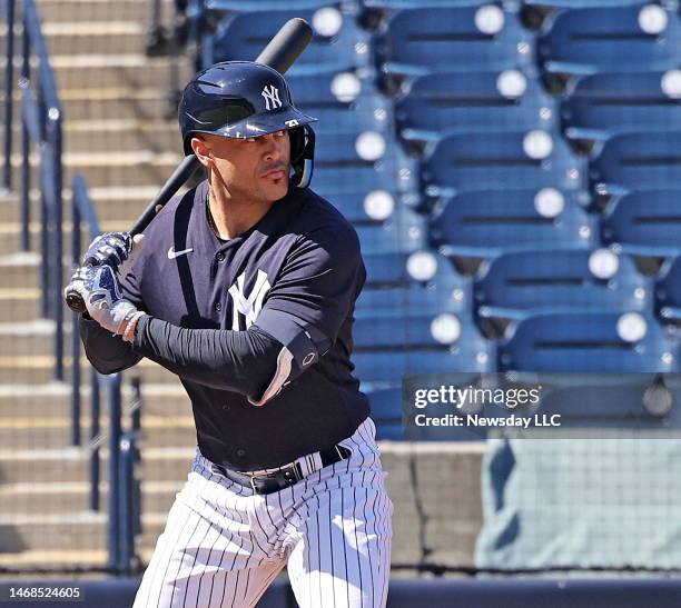 New York Yankees Giancarlo Stanton during batting practice on the field during the first day of full workouts at Yankee Spring Training at George M....