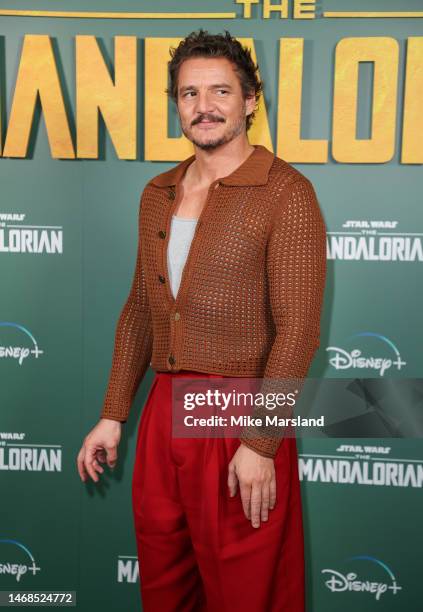 Pedro Pascal attends the photocall for Disney's "The Mandalorian" Season 3 at Picadilly Circus on February 22, 2023 in London, England.