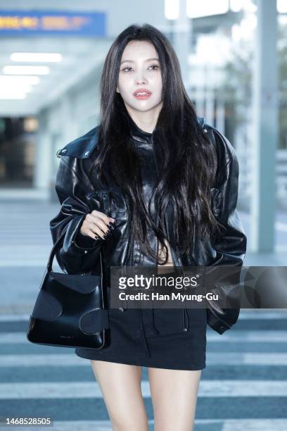 Soyeon of girl group I-DLE is seen on departure at Incheon International Airport on February 22, 2023 in Incheon, South Korea.