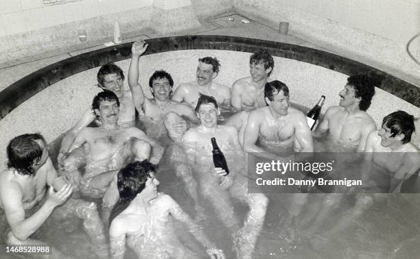 Newcastle players left to right back row David McCreery, Terry McDermott, John Anderson, Kevin Keegan, Kevin Carr, David Mills, John Trewick and...