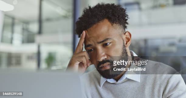 tired, stress headache and businessman on laptop for finance portfolio, stock market fail or economy data crisis. depression, investment or sad black male with nft, forex or bitcoin mining burnout - unhappy salesman stock pictures, royalty-free photos & images