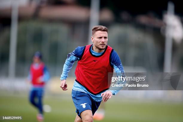 Ciro Immobile of SS Lazio in action during the training ahead of their UEFA Europa Conference League knockout round play-off leg one match against...