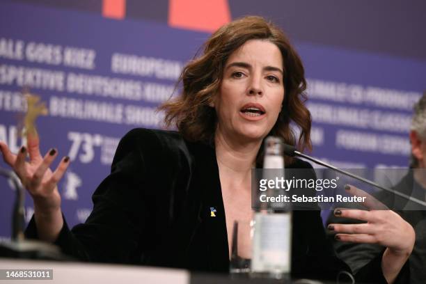 Anabela Moreira speaks on stage at the "Mal Viver" press conference during the 73rd Berlinale International Film Festival Berlin at Grand Hyatt Hotel...