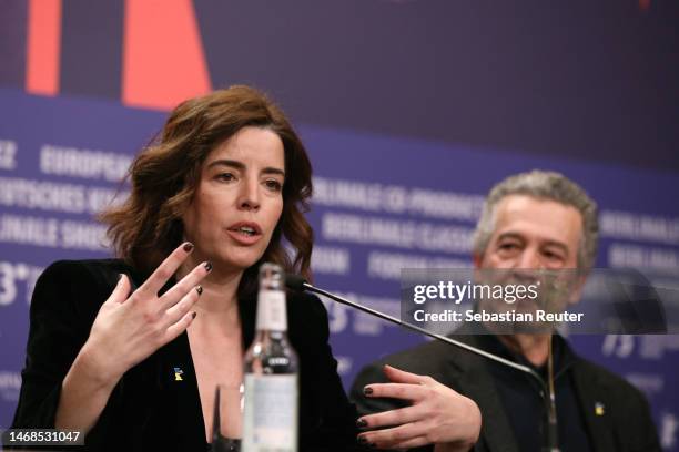 Anabela Moreira and Joao Canijo are seen on stage at the "Mal Viver" press conference during the 73rd Berlinale International Film Festival Berlin at...