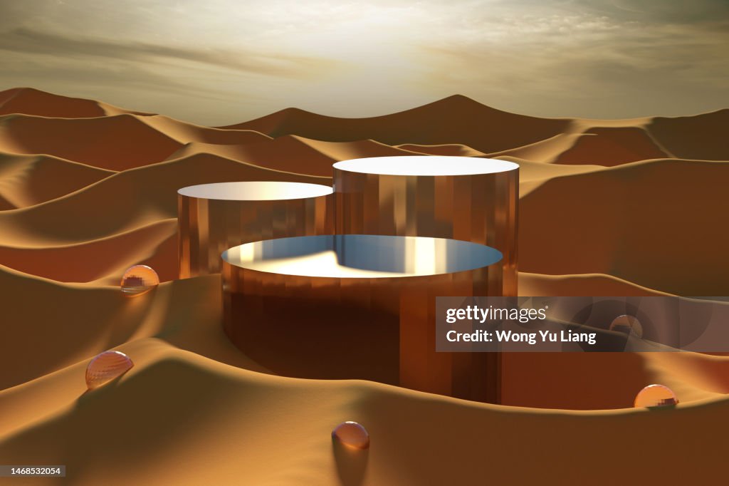 Glass podium in desert product placement, 3D render