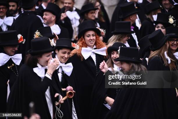 General view of people dressed in top hats and tails during the Mercu Scurot Celebration on February 22, 2023 in Borgosesia, Italy. The Mercu Scurot...