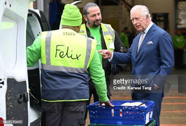 King Charles III during his visit to the Felix Project on February 22, 2023 in London, England. The Felix Project provides meals for vulnerable...