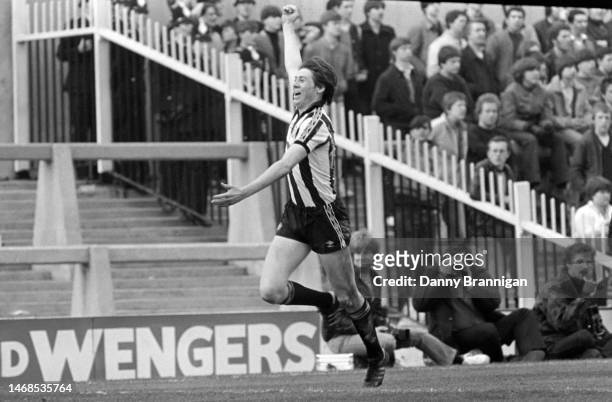 Newcastle United player Chris Waddle celebrates after scoring the winning goal during a second division match against Chelsea on March 27th, 1982 at...