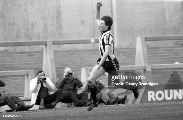 Newcastle United player Chris Waddle celebrates after scoring the winning goal during a second division match against Chelsea on March 27th, 1982 at...