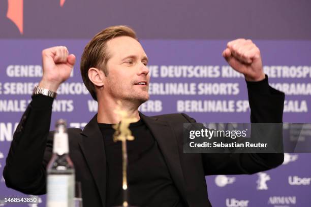 Alexander Skarsgard is seen on stage at the "Infinity Pool" press conference during the 73rd Berlinale International Film Festival Berlin at Grand...