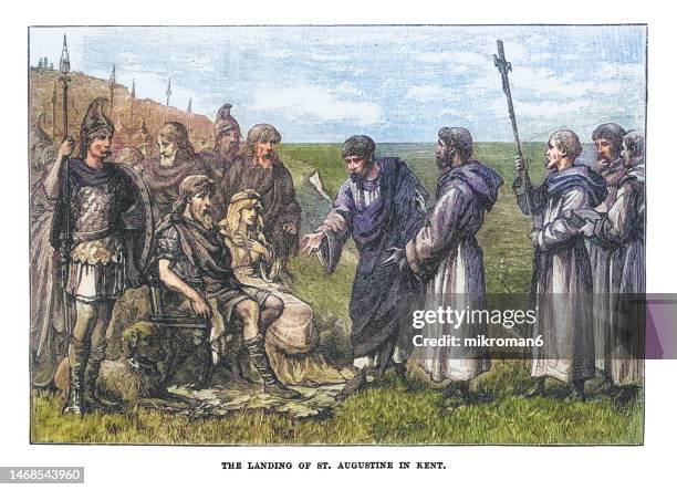 old engraved illustration of the landing of st. augustine of canterbury in kent, (597ad) - benedictine monk and first archbishop of canterbury arrived on the isle of thanet and met with king ethelberht and queen bertha - anglo saxon art stock pictures, royalty-free photos & images