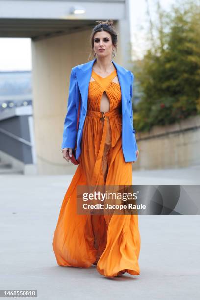 Elisabetta Canalis is seen arriving at the Alberta Ferretti fashion show during the Milan Fashion Week Womenswear Fall/Winter 2023/2024 on February...