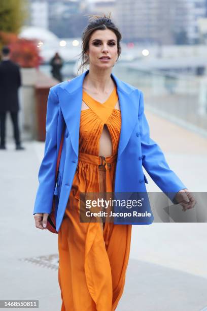Elisabetta Canalis is seen arriving at the Alberta Ferretti fashion show during the Milan Fashion Week Womenswear Fall/Winter 2023/2024 on February...