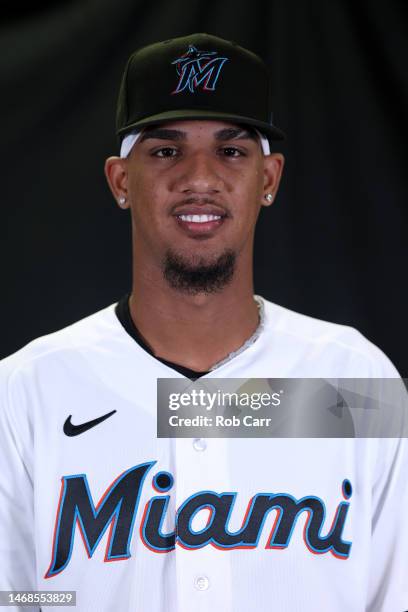 Eury Perez of the Miami Marlins poses for a portrait during photo day at Roger Dean Stadium on February 22, 2023 in Jupiter, Florida.