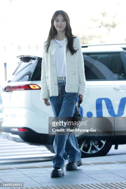 Model Irene Kim is seen on departure at Incheon International Airport on February 22, 2023 in Incheon, South Korea.