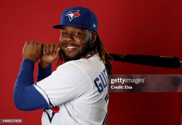 Vladimir Guerrero Jr. #27 of the Toronto Blue Jays poses for a portrait during Toronto Blue Jays Photo Day at the Toronto Blue Jays Spring Training...