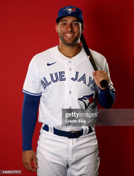 George Springer of the Toronto Blue Jays poses for a portrait during Toronto Blue Jays Photo Day at the Toronto Blue Jays Spring Training facility on...
