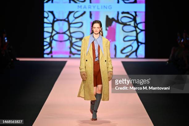 Model walks the runway at the Maryling fashion show during the Milan Fashion Week Womenswear Fall/Winter 2023/2024 on February 22, 2023 in Milan,...