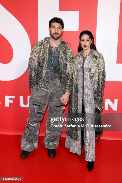 Ignazio Moser and Cecilia Rodriguez attend the Diesel Fashion Show during Milan Fashion Week Womenswear Fall/Winter 2023/24 on February 22, 2023 in...