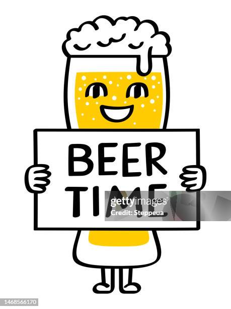 beer mug holding a placard with text beer time - beer label stock illustrations