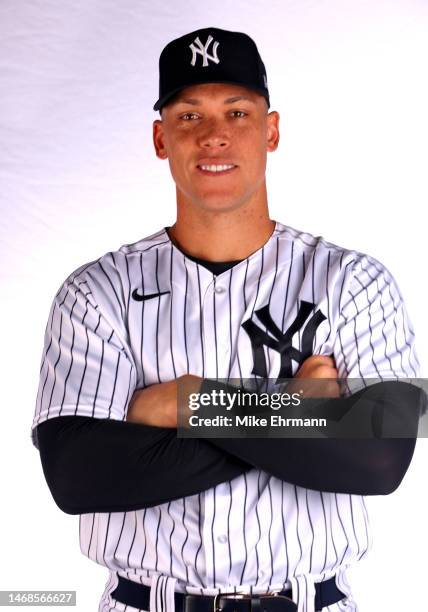 Aaron Judge of the New York Yankees poses for a portrait during media day at George M. Steinbrenner Field on February 22, 2023 in Tampa, Florida.