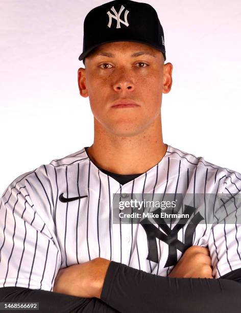 Aaron Judge of the New York Yankees poses for a portrait during media day at George M. Steinbrenner Field on February 22, 2023 in Tampa, Florida.