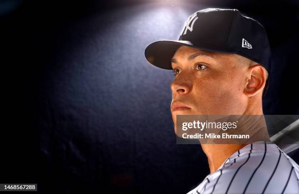 Aaron Judge of the New York Yankees poses for a portrait during media day at George M. Steinbrenner Field on February 22, 2023 in Tampa, Florida.