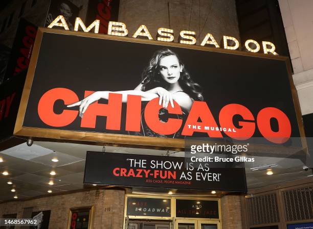 Signage at the musical "Chicago" on Broadway at The Ambassador Theater on February 21, 2023 in New York City.