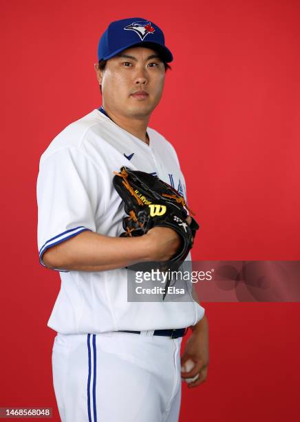 Hyun Jin Ryu of the Toronto Blue Jays poses for a portrait during Toronto Blue Jays Photo Day at the Toronto Blue Jays Spring Training facility on...