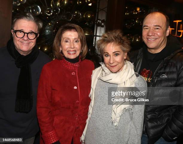 Nathan Lane, Former House Speaker Nancy Pelosi , Zoe Wanamaker and Danny Burstein pose backstage at the play “Pictures from Home” on Broadway at...
