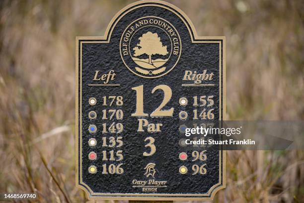 Yardage marker for the 12th hole which has two greens is pictured prior to the Hero Indian Open at Dlf Golf and Country Club on February 21, 2023 in...