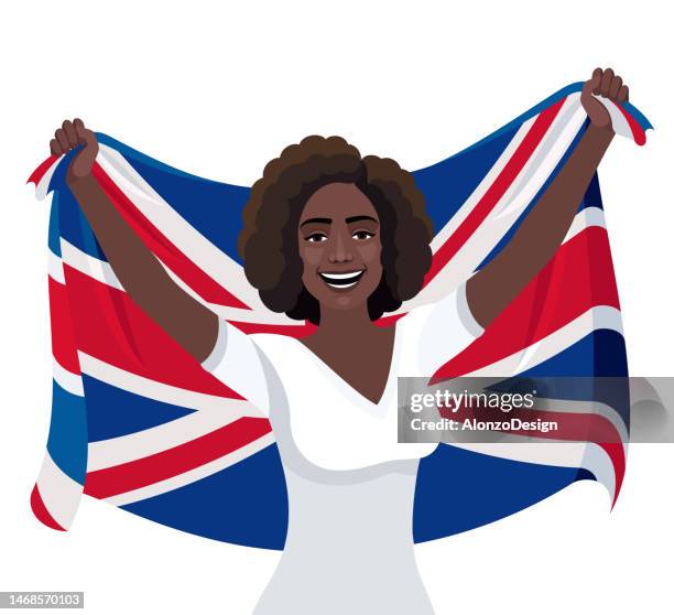 young and attractive black woman celebrating with british flag. - curly hair vector stock illustrations