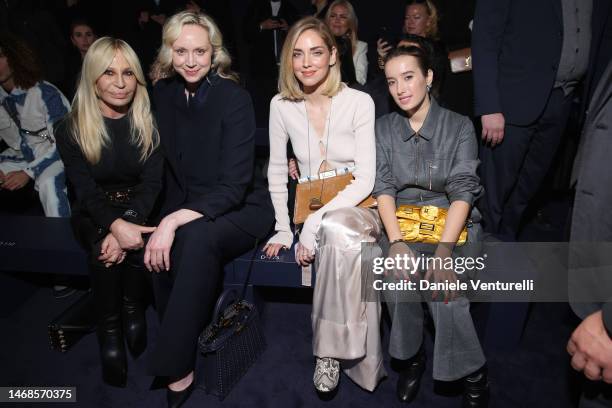 Donatella Versace, Gwendoline Christie, Chiara Ferragni and Leonetta Luciano Fendi attend the Fendi Fashion Show on February 22, 2023 in Milan, Italy.