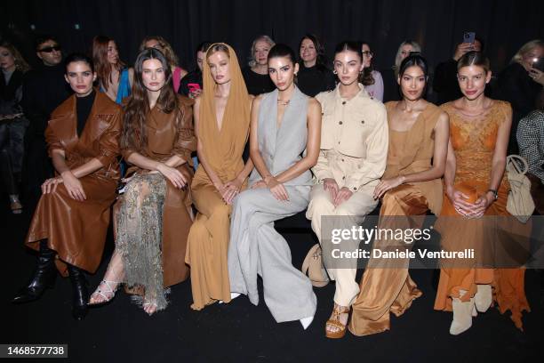 Sara Sampaio, Frida Aasen, Cindy Mello, Carmella Rose, Pritika Swarup and a guest are seen on the front row of the Alberta Ferretti fashion show...