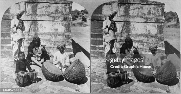 Stereoscopic image showing musicians at an Dilwara Temple, one of a group of Svetambara Jain temples in Sirohi District, India, circa 1875. The...