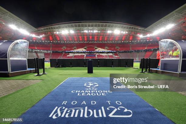 General view inside the stadium prior to the UEFA Champions League round of 16 leg one match between RB Leipzig and Manchester City at Red Bull Arena...