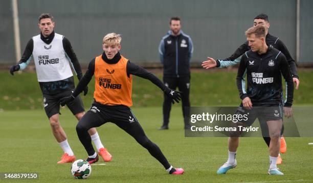 Anthony Gordon controls the ball, also seen is Fabian Schär Matt Ritchie and Miguel Almirón during the Newcastle United Training Session at the...