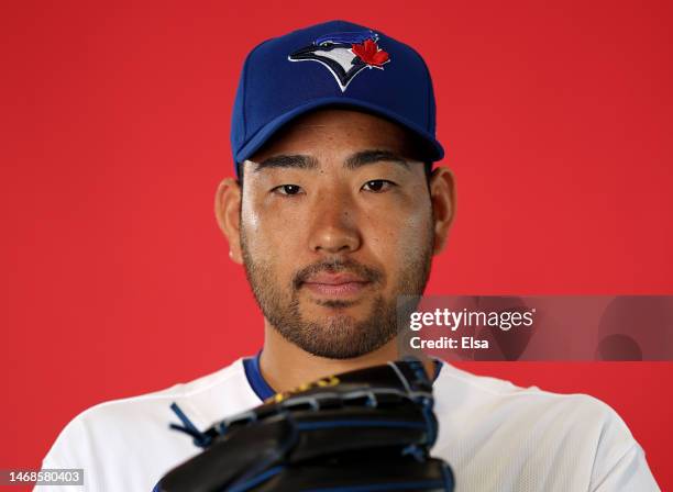 Yusei Kikuchi of the Toronto Blue Jays poses for a portrait during Toronto Blue Jays Photo Day at the Toronto Blue Jays Spring Training facility on...