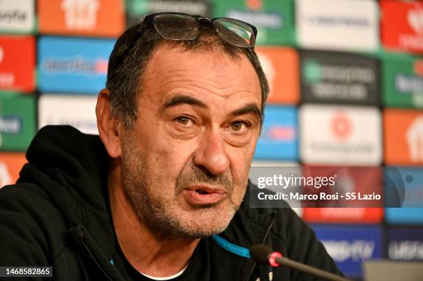 Lazio head coach Maurizio Sarri attends during the press conference ahead of their UEFA Europa Conference League knockout round play-off leg one...