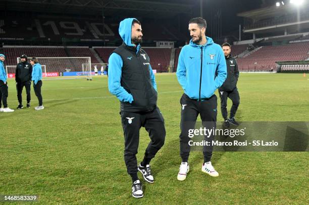 Elsedi Hysaj and Luis Alberto of SS Lazio look during the walk arau ahead of their UEFA Europa Conference League knockout round play-off leg one...