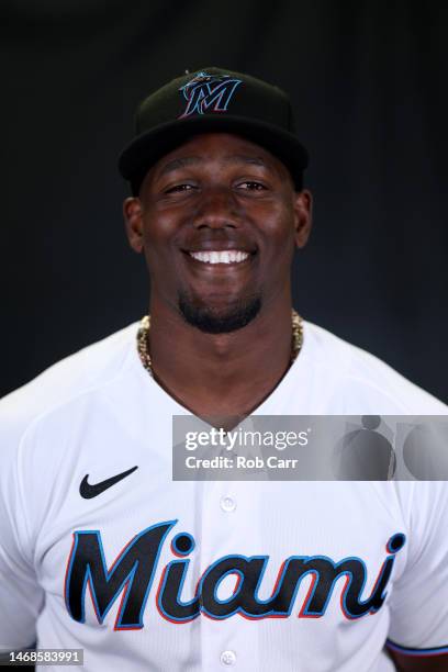 Jorge Soler of the Miami Marlins poses for a portrait during photo day at Roger Dean Stadium on February 22, 2023 in Jupiter, Florida.