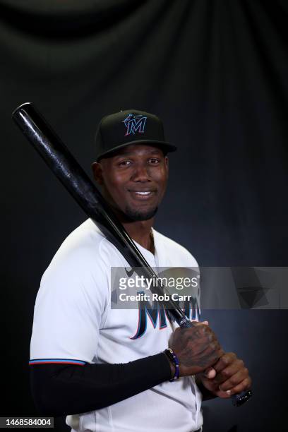 Jorge Soler of the Miami Marlins poses for a portrait during photo day at Roger Dean Stadium on February 22, 2023 in Jupiter, Florida.