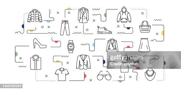 clothes and accessories related vector banner design concept, modern line style with icons - fashion collection stock illustrations