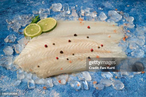 turbot raw fish fillet on ice - frozen fish fillets stockfoto's en -beelden
